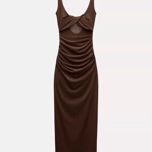 Zara Brown Tulle Ruched Maxi Dress